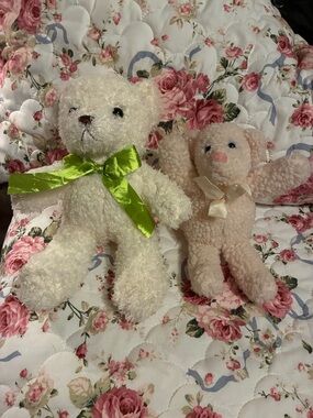 Plush White Teddy Bear with Green Ribbon - Soft Kids Stuffed Animal